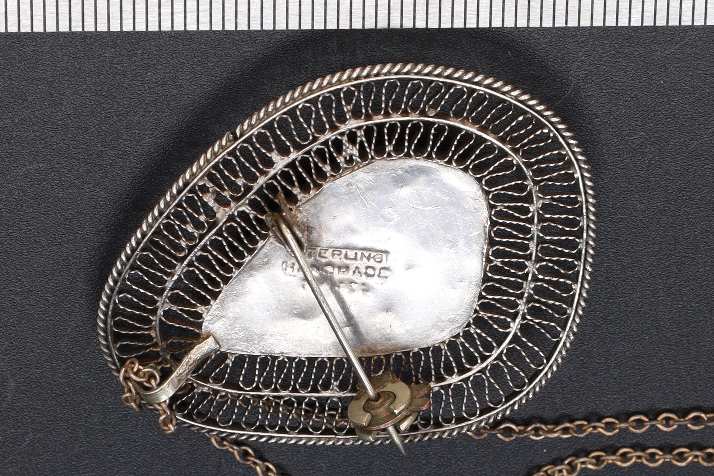 Vintage 1950s Israel Jewelry, 925 Sterling Silver And  Eilat Stone Pendant Necklace, Cannetille Wirework, Middle East Fashion Accessories