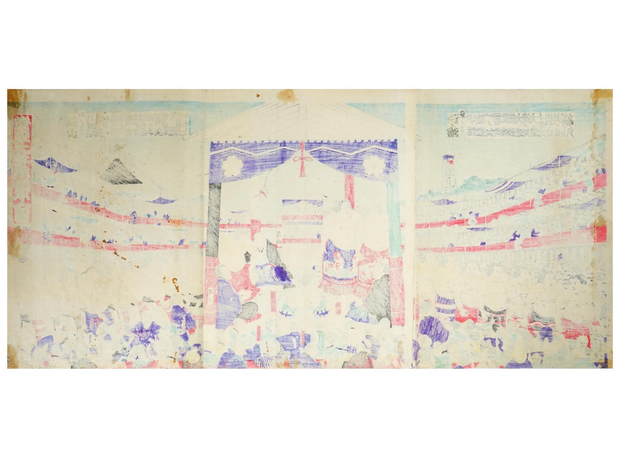 Antique 1870s Triptych Of Ukiyo-e Color Woodblock Print By Harunobu Hishikawa, Sumo Tournament, Triptych Panels Set, Asian Arts