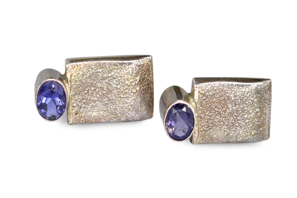 Vintage Stud Earrings, 925 Sterling Silver And Faceted Amethyst Cabochons, Fashion Jewelry