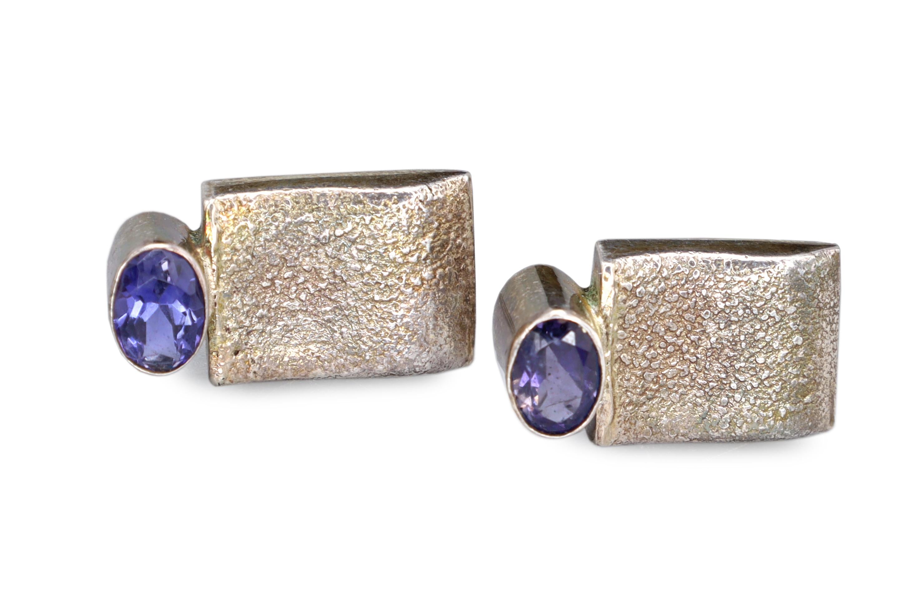 Vintage Stud Earrings, 925 Sterling Silver And Faceted Amethyst Cabochons, Fashion Jewelry