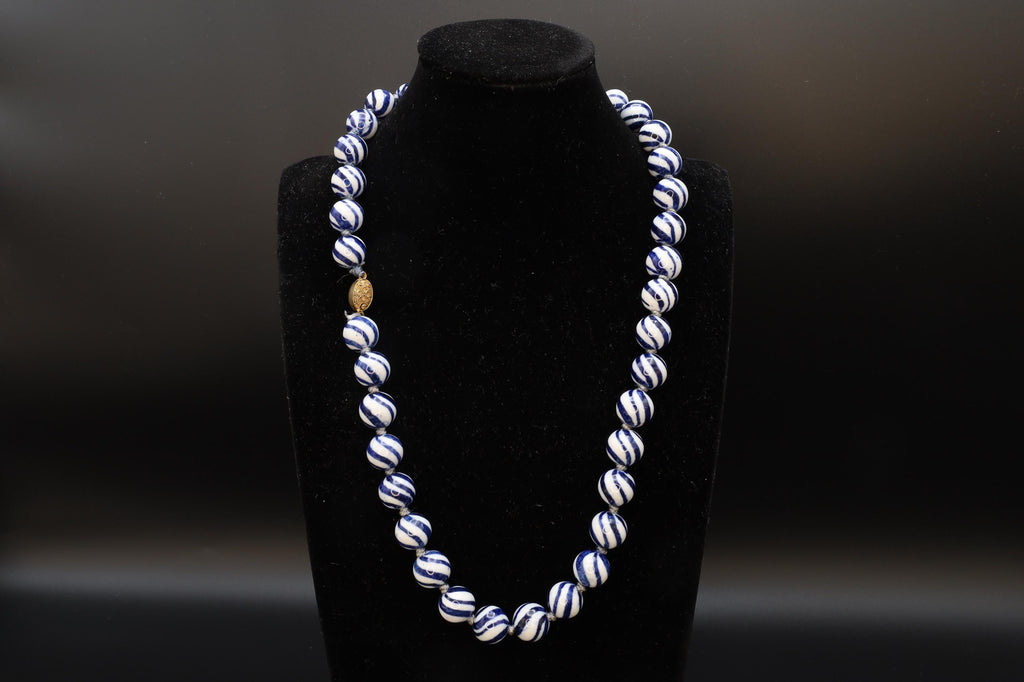 Art Deco Porcelain Beaded Necklace With Watermelon Blue And White Ball Round Beads. Chinese Exports Circa 1930s. Hand Knotted Folk Jewelry