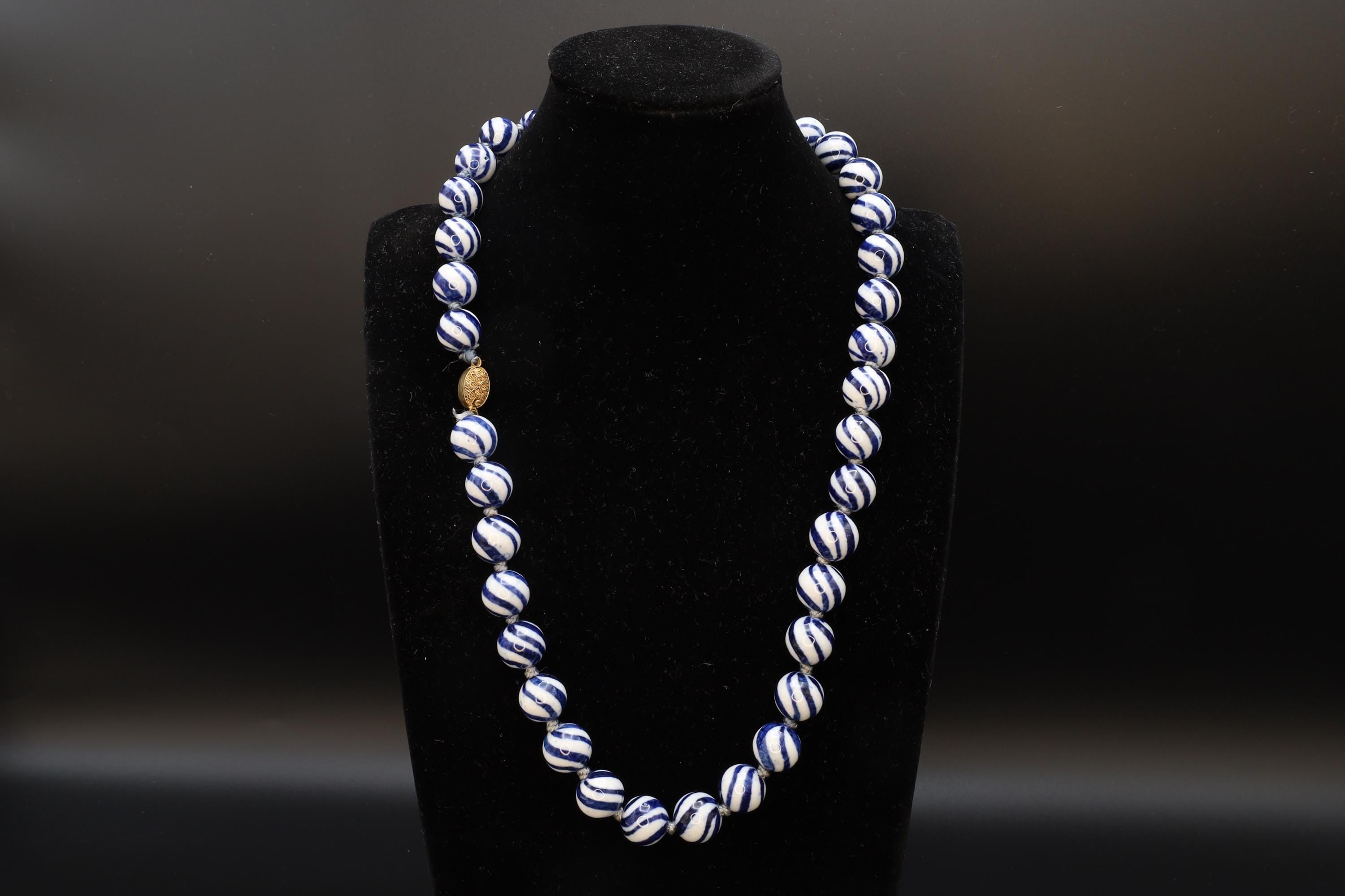 Art Deco Porcelain Beaded Necklace With Watermelon Blue And White Ball Round Beads. Chinese Exports Circa 1930s. Hand Knotted Folk Jewelry