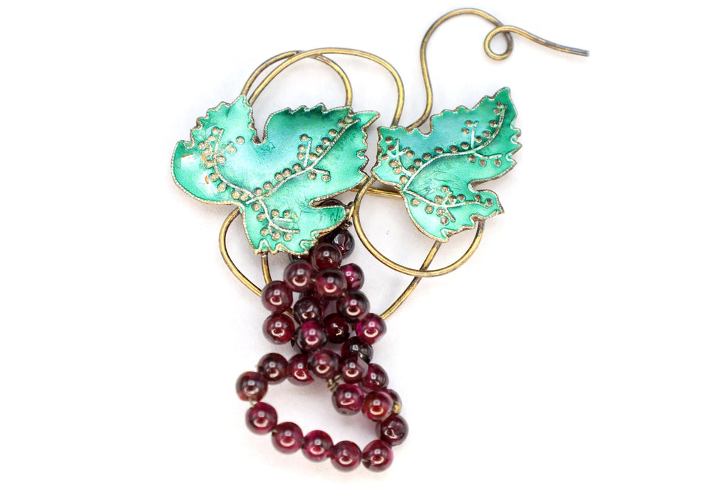 Grapes And Vine Brooch, Vintage 1970s Figural Jewelry, Vermeil Sterling Silver, Green Enamel And Round Red Garnet Beads, Fashion Accessories