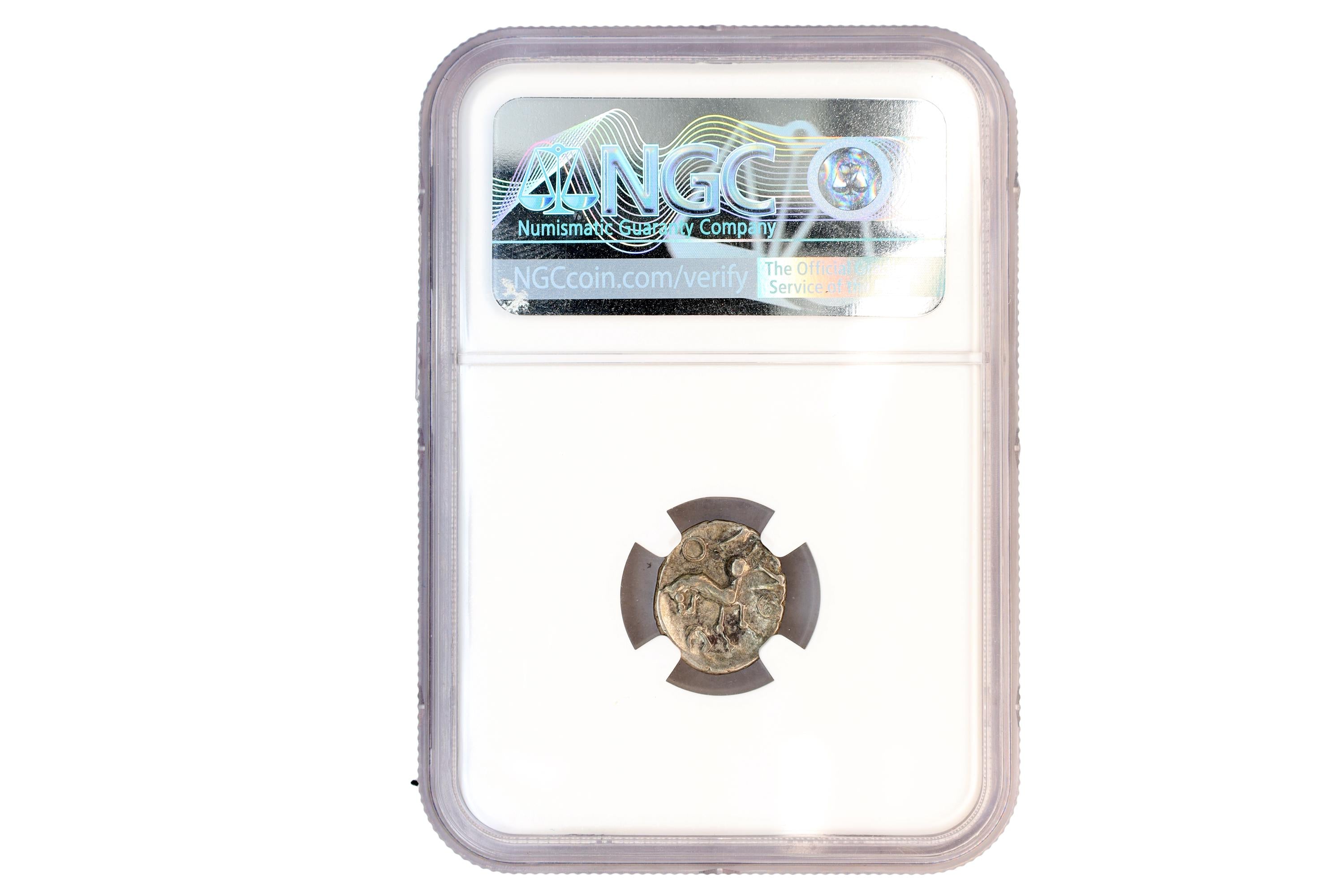 Gallia Celtica, Aedui Gaul Mid Of The 1st Century BCE, AR Quinarius Silver Coin Ch Vf Certified In NGC Case, Helmeted Head Of Roma And Horse