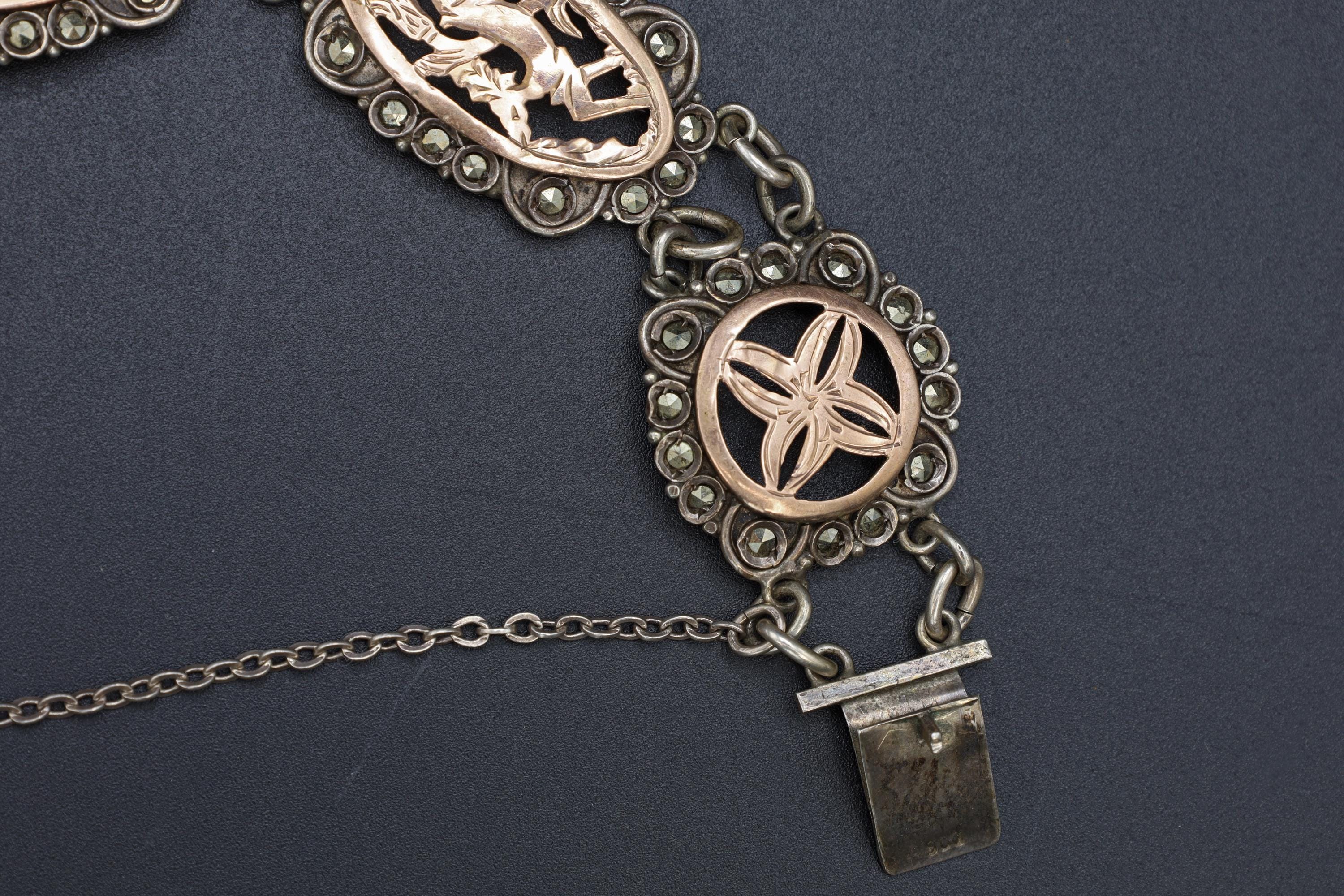 Art Deco Panel Bracelet, 900 Silver And Rose Gold. Greek Jewelry From The Mid Century, Landmarks Of Greece And Aegean Islands, Marcasite