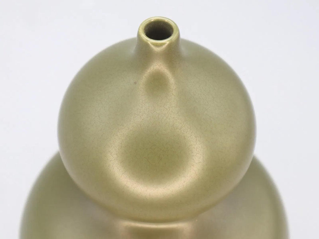 Fine Dark Olive Glazed Ceramic Vase In Gourd Shape, Late Qing Dynasty Or Republic, Semi Porcelain Vessel, Asian Oriental Home Decoration