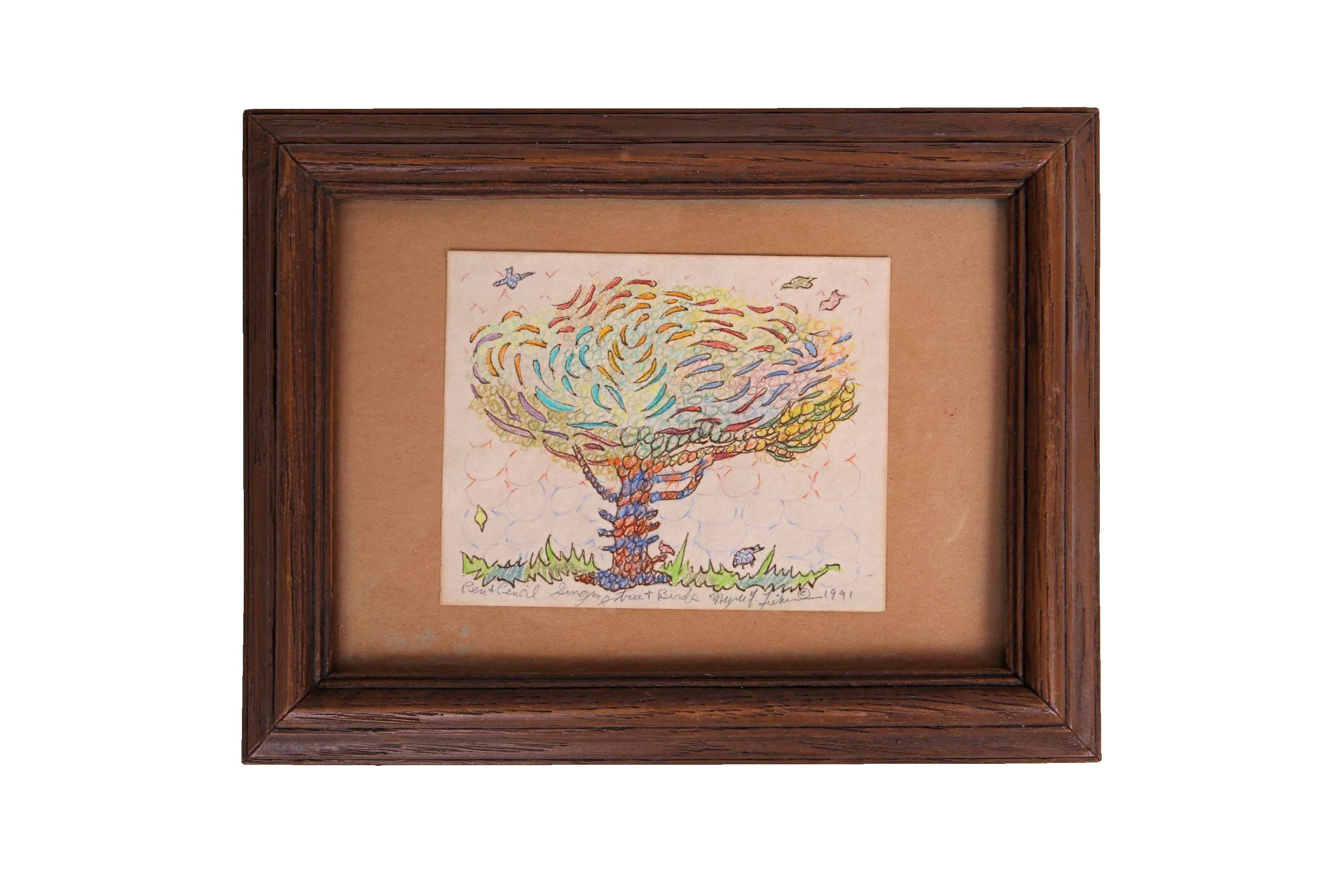 Meyer Frank Lieberman Mixed Media Ink Color Pencil Drawing Painting On Paper, Singing Tree and Birds, 1991 Signed Contemporary Judaica Art