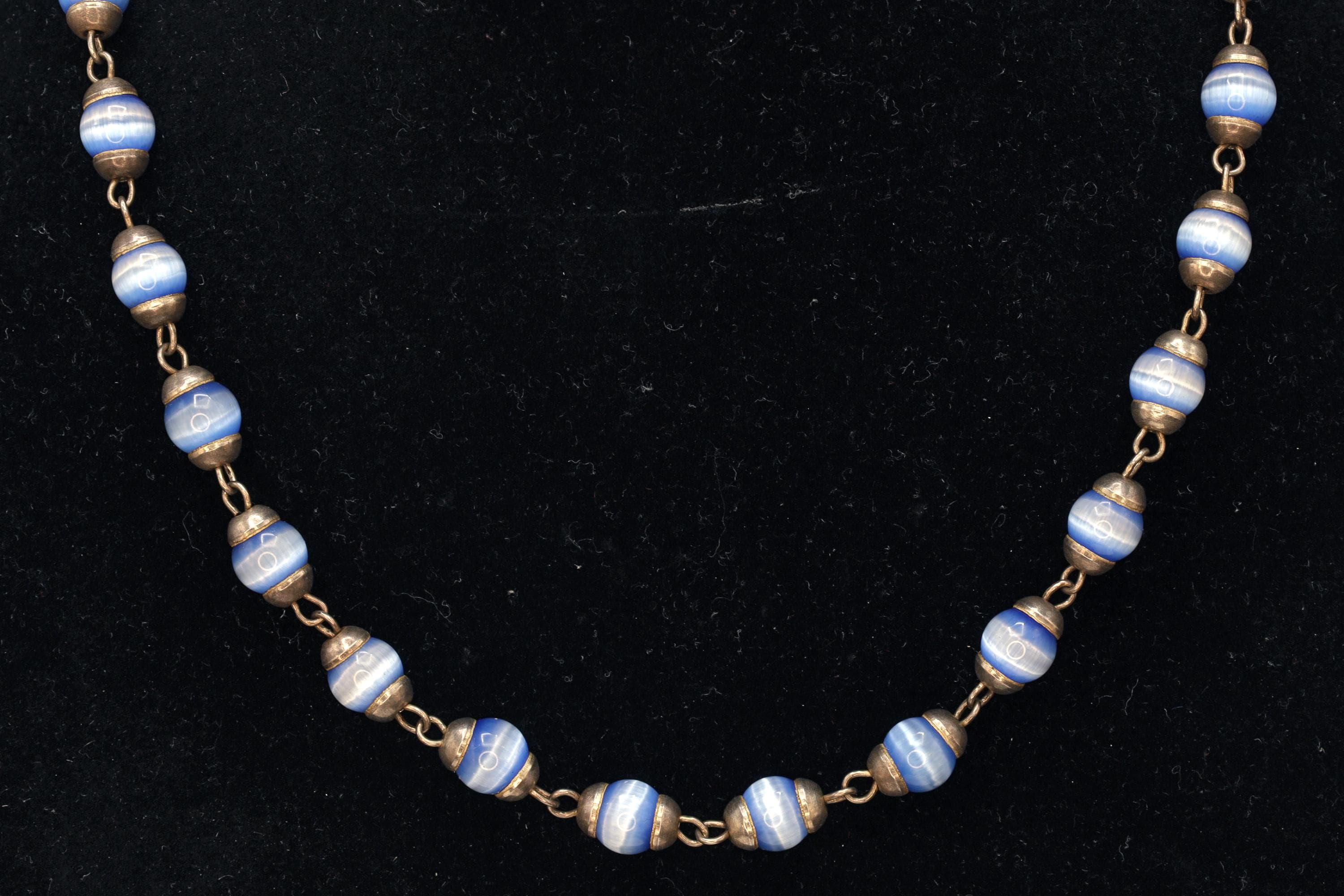 Blue Cats Eye Glass Necklace, 925 Sterling Silver And Round Cap End Capsule Link, Modernist Jewelry Unisex, Round Beaded Chain Collar