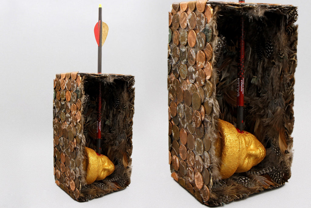 Saint Sebastian Martyr, Mixed Media Assemblage Sculpture, Rustic Surreal Diorama Box, American Penny Coins Box Diorama Theatre Art Sculpture