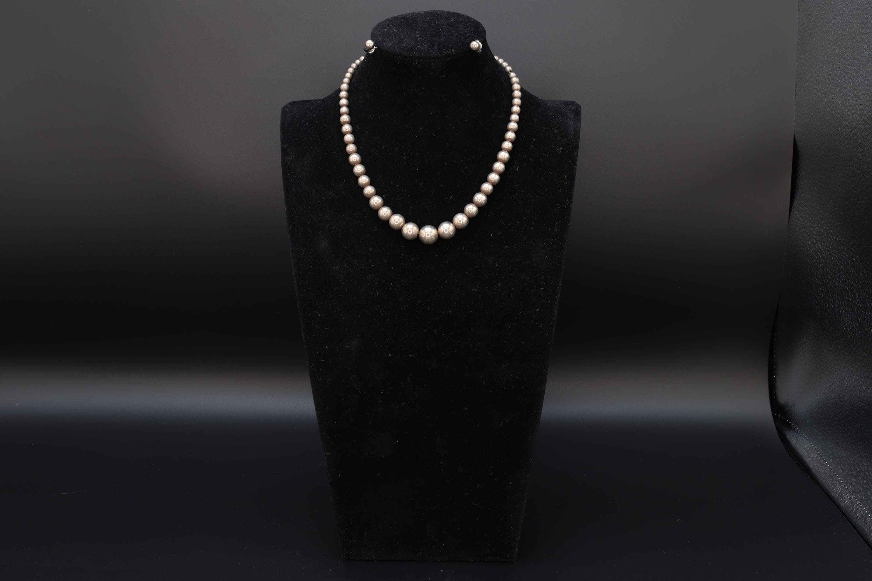 Mid Century Graduated Ball Beads Jewelry Set, Beaded Necklace And Small Stud Earrings, 925 Sterling Silver, Retro Fashion Accessories