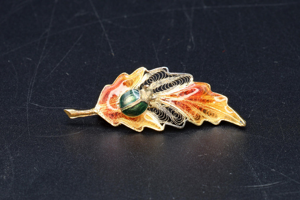 Ladybird On Autumn Leaf Brooch, 1940s Italy Genova 149 PIOMBO SILVIO, Hallmarked Italian Jewelry, 800 Silver Plique au Jour Enamel Filigree