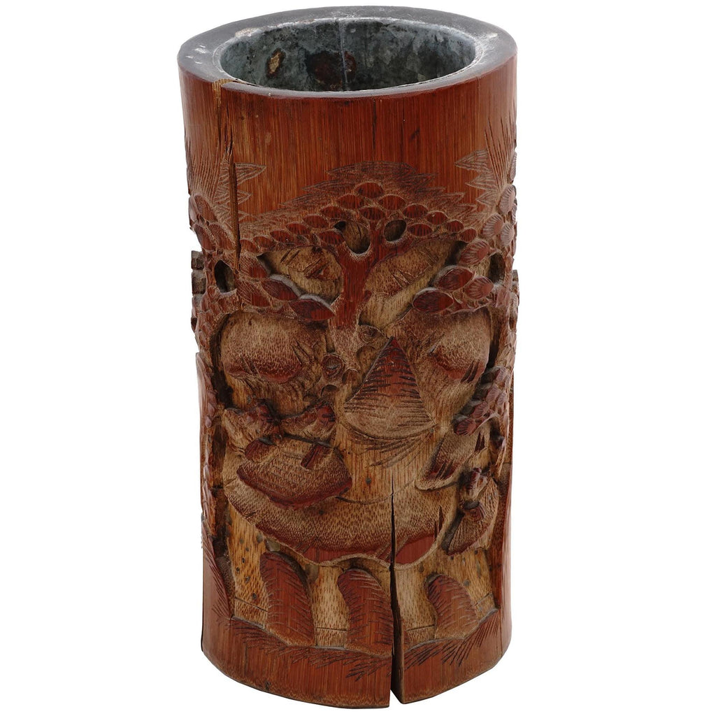 Antique 19th Century Brush Pot, A Vase Crafted From Bamboo Wood And Metal Insert, Chinese Qing Dynasty, Asian Oriental Decoration And Art