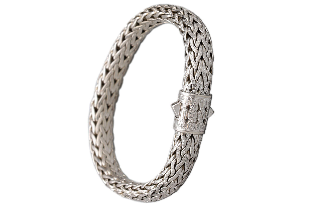 Extra Long, XL Braided Chain Bracelet For Men, 925 Sterling Silver And Pave Clear Diamonds, Vintage Jewelry Tested