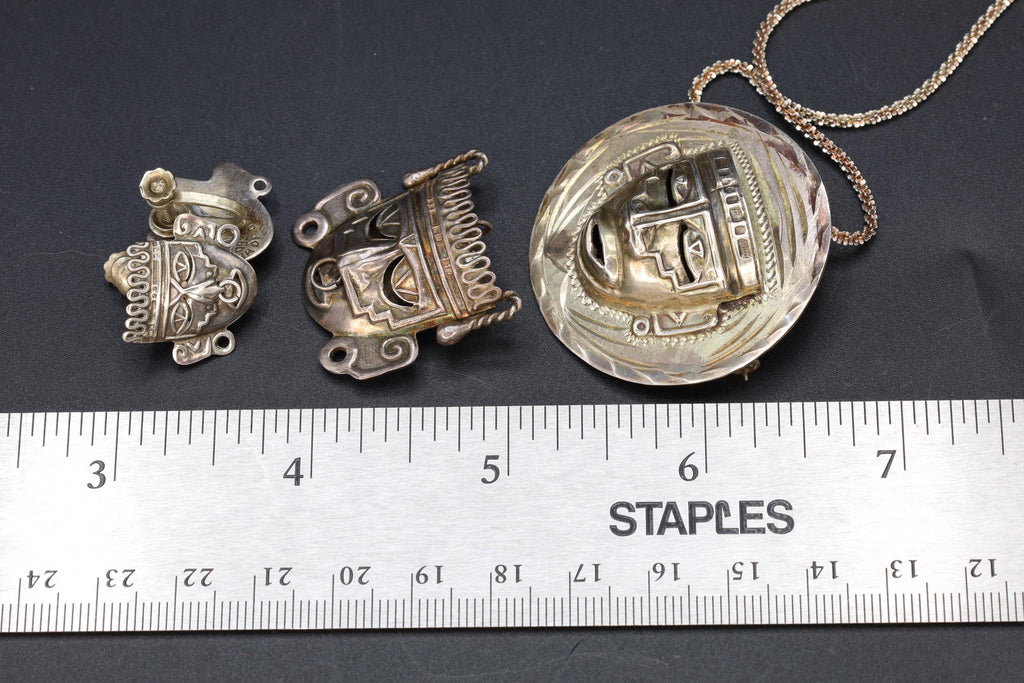 Taxco Mexico Jewelry Set, Pendant Necklace, Brooch, Matching Earrings, Warrior Aztec Mask In Art Deco Style, Vintage 1940s Sterling Silver