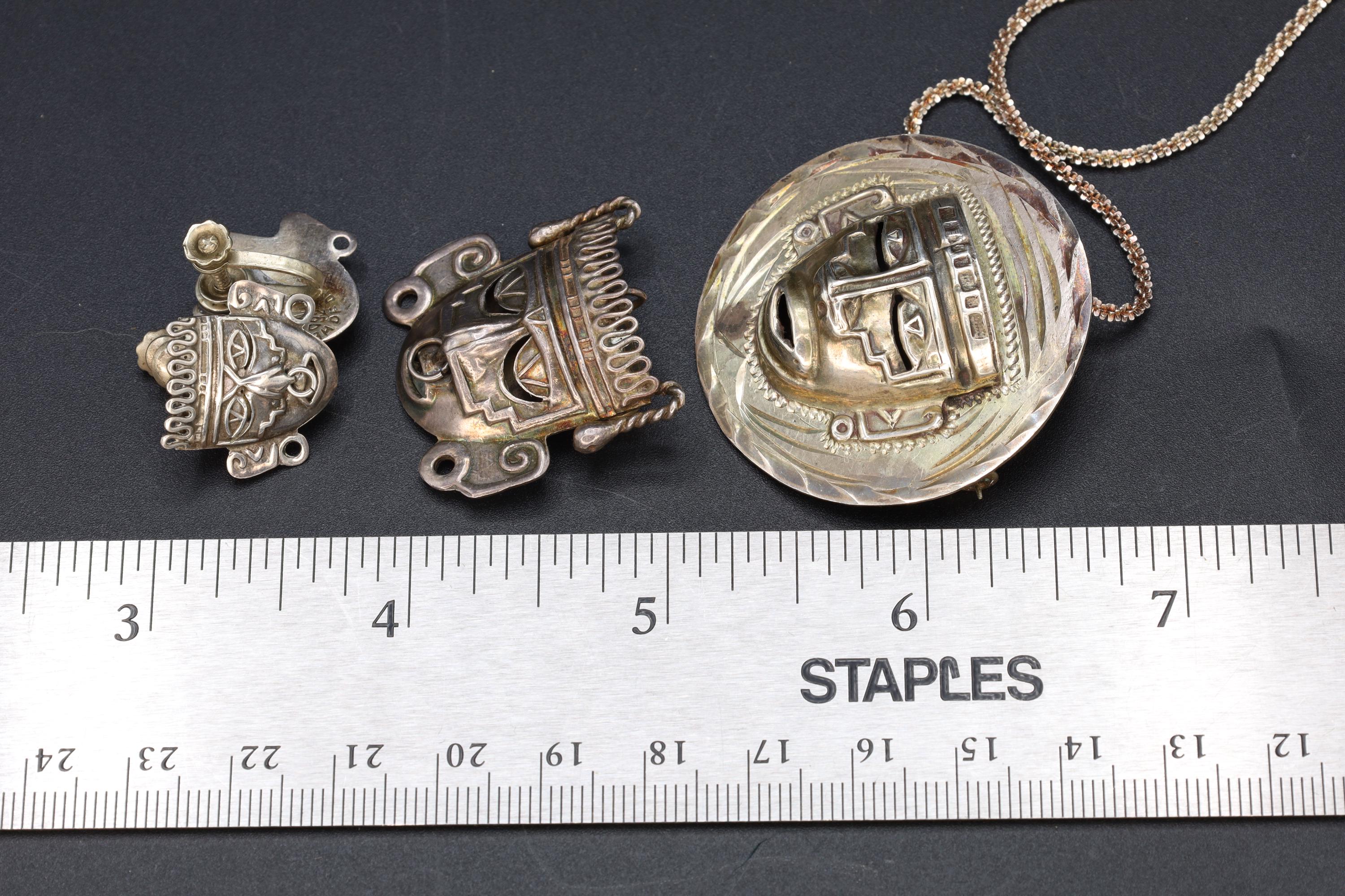 Taxco Mexico Jewelry Set, Pendant Necklace, Brooch, Matching Earrings, Warrior Aztec Mask In Art Deco Style, Vintage 1940s Sterling Silver