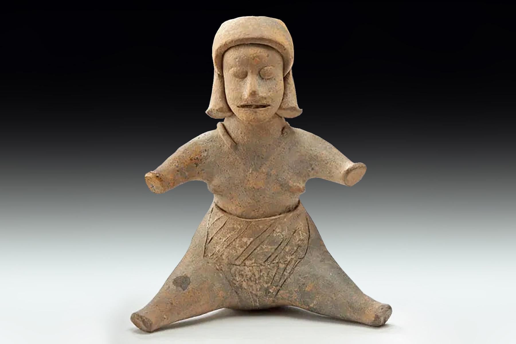 Ancient Pre-Columbian, West Mexican Artwork. Colima Ceramic Shaft Tomb Sitting Figure, Full Body Female Statuette Ca 300 BCE, Antiquities