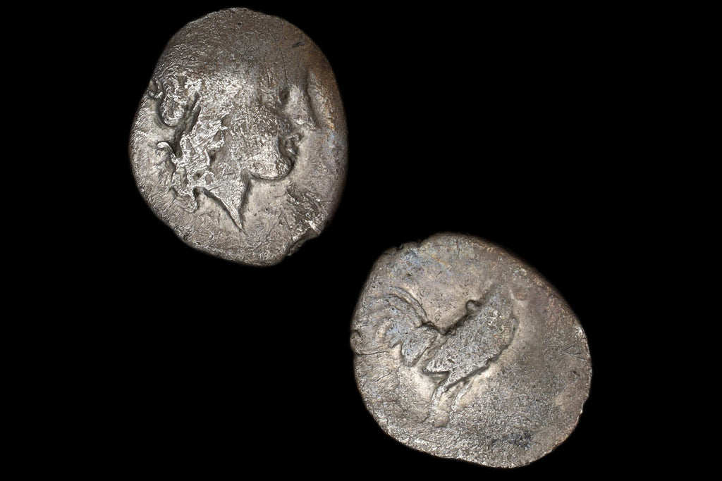Neapolis Campania AR Coin, Ancient 300 To 275 BCE Silver Triobol With Apollo Head And Cockerel Rooster, Collectibles And Numismatics