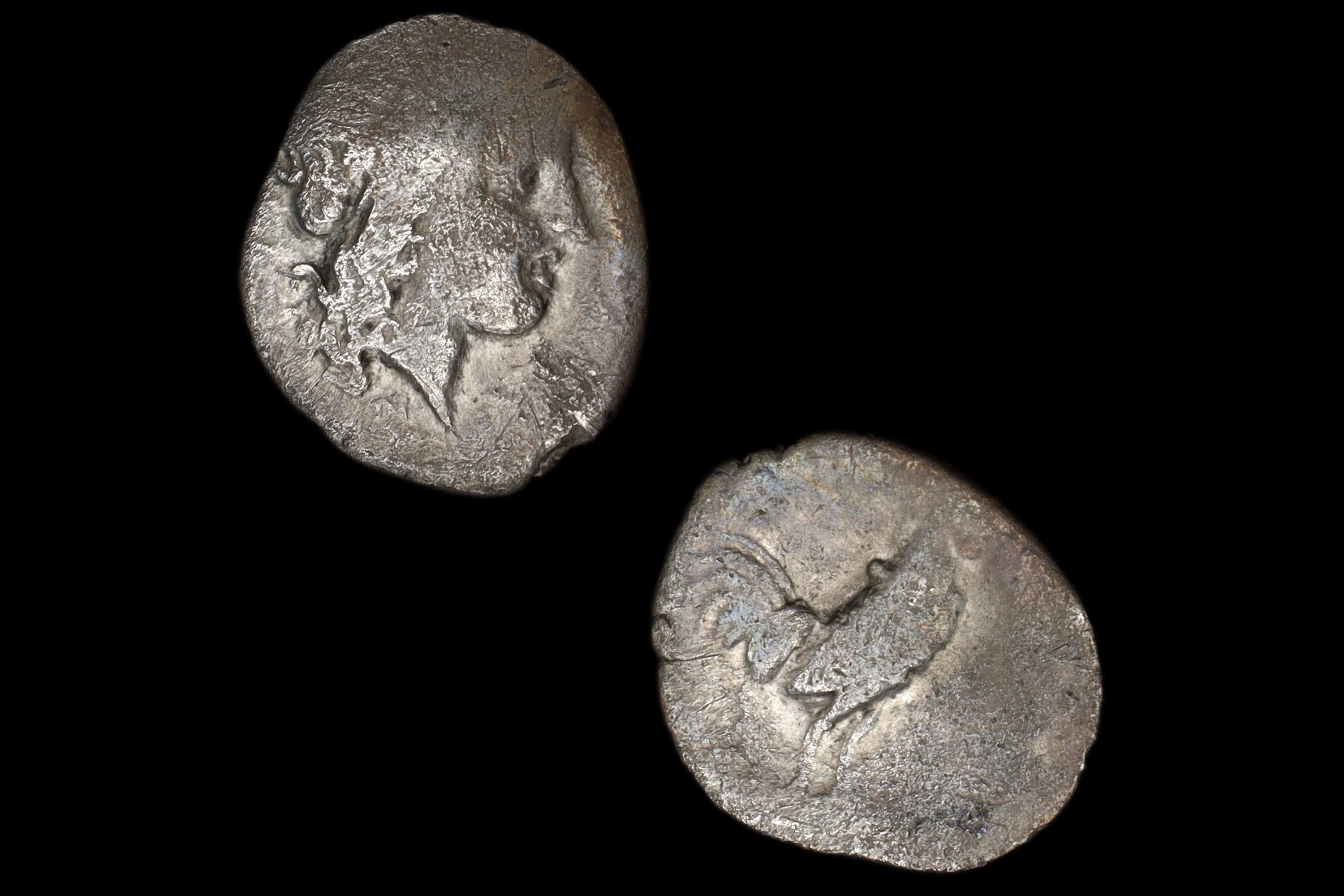 Neapolis Campania AR Coin, Ancient 300 To 275 BCE Silver Triobol With Apollo Head And Cockerel Rooster, Collectibles And Numismatics