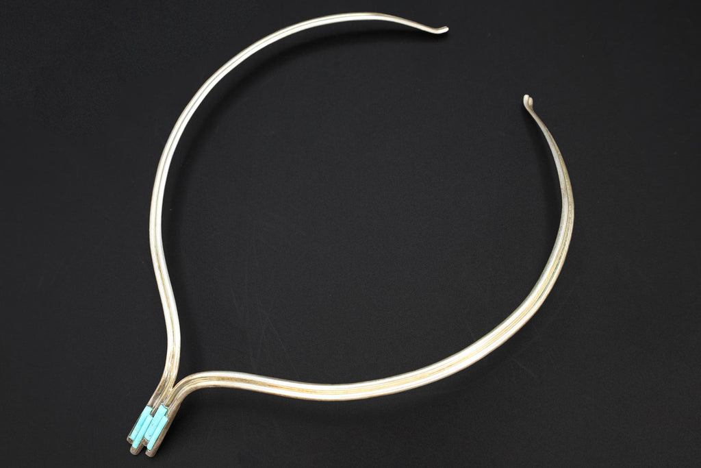V Shape Collar Necklace With Turquoise Mosaic Accent, 925 Sterling Silver Jewelry, Torc, Jay King, Desert Rose Jewelry, Modernist Fashion