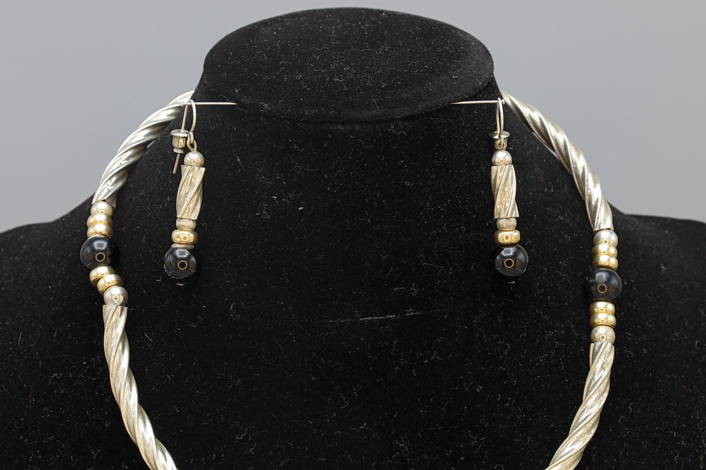 Vintage Jewelry Set, Link Necklace And Dangle Earrings, Sterling Silver, Gold Wash And Jet Black Glass