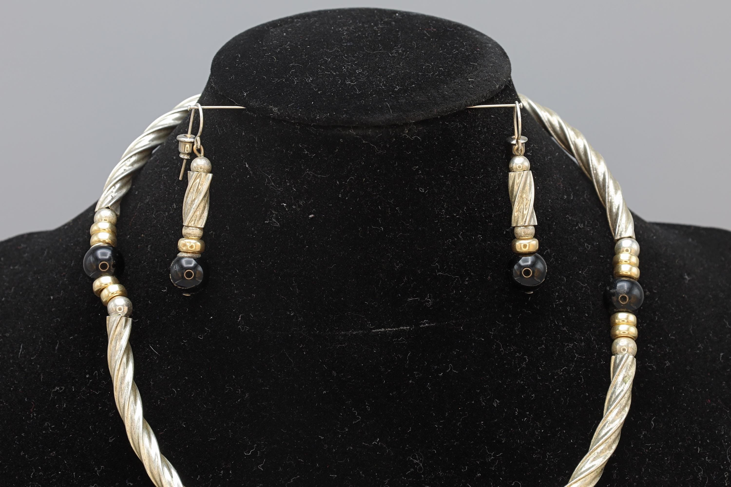 Vintage Jewelry Set, Link Necklace And Dangle Earrings, Sterling Silver, Gold Wash And Jet Black Glass
