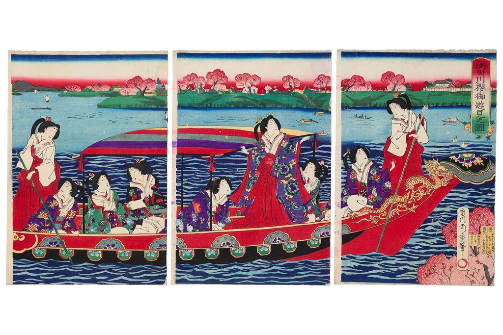 Japan 1879 Meiji Era Woodblock Print By Chikashige Morikawa, Noble Ladies On A Boat And Cherry Blossoms, Triptych Panels Set, Asian Arts