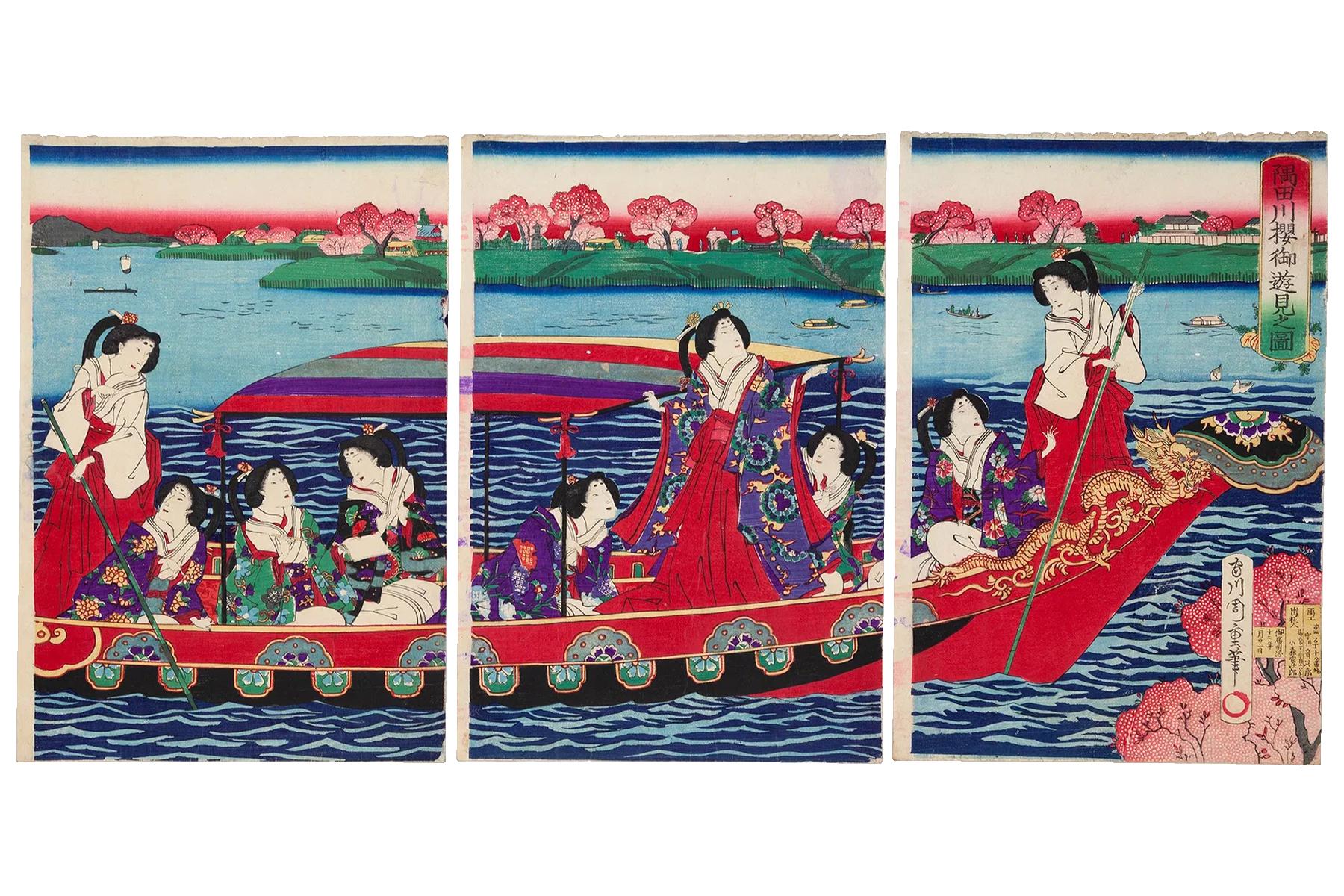 Japan 1879 Meiji Era Woodblock Print By Chikashige Morikawa, Noble Ladies On A Boat And Cherry Blossoms, Triptych Panels Set, Asian Arts