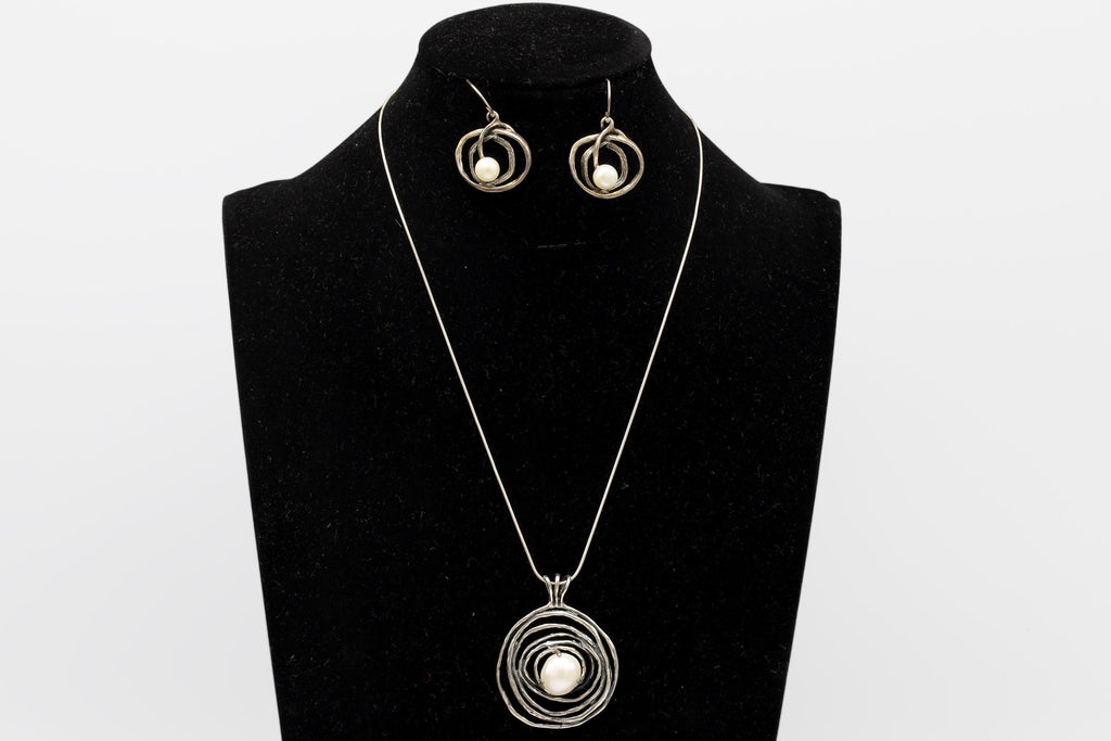 Israel Brutalist Jewelry Set With Abstract Spiral Nest 925 Silver And Round Pearl Accents, Pendant On A Cable Chain, Wire Dangle Earrings