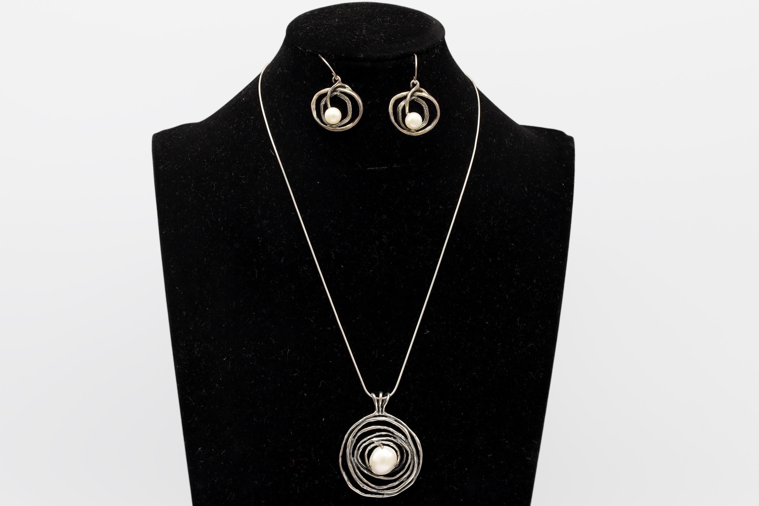 Israel Brutalist Jewelry Set With Abstract Spiral Nest 925 Silver And Round Pearl Accents, Pendant On A Cable Chain, Wire Dangle Earrings