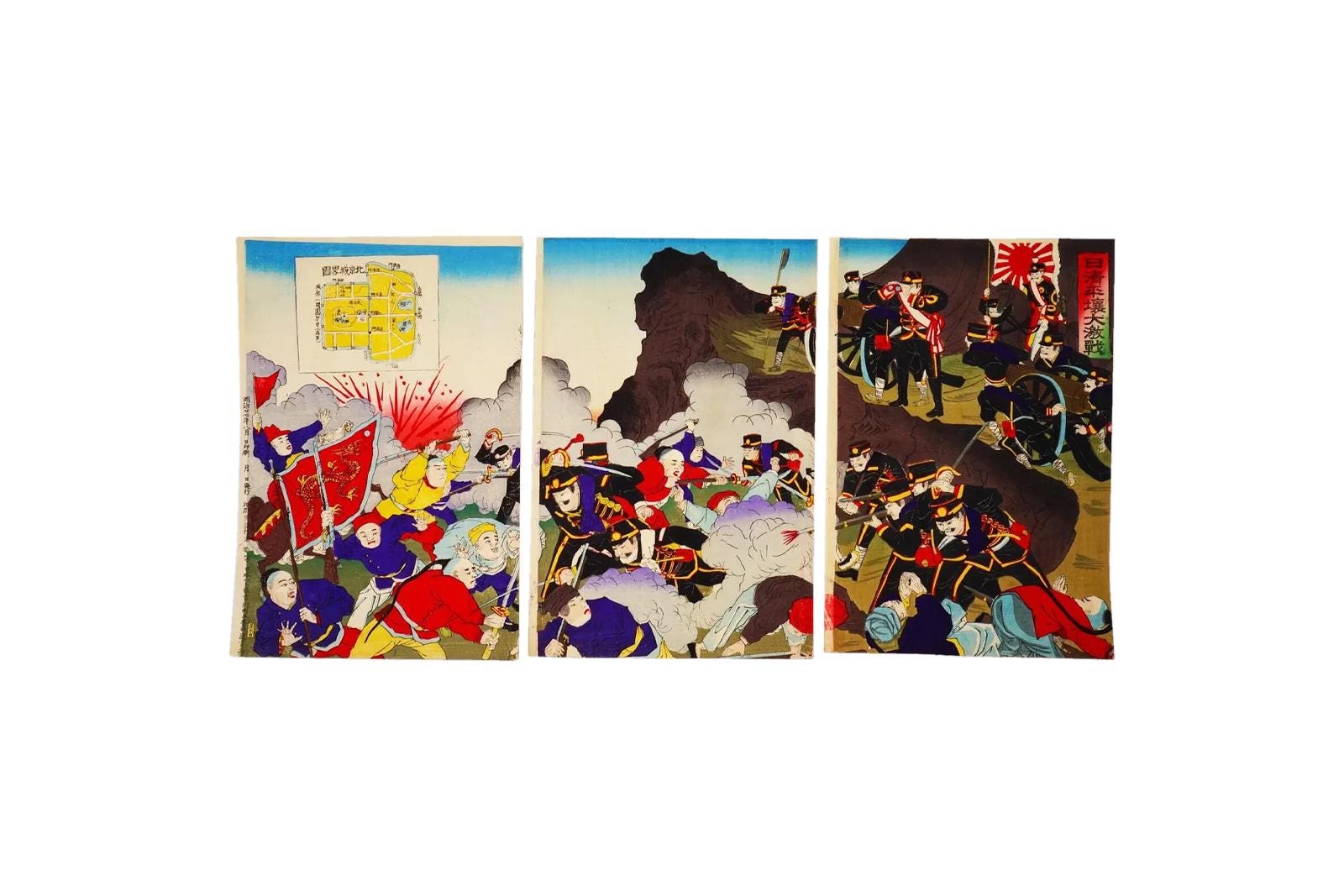 Ukiyoe, Original 1894 Imperial Meiji Era Senso-e Military Woodblock Triptych Prints, Asian Oriental Art, The First Sino And Japanese War