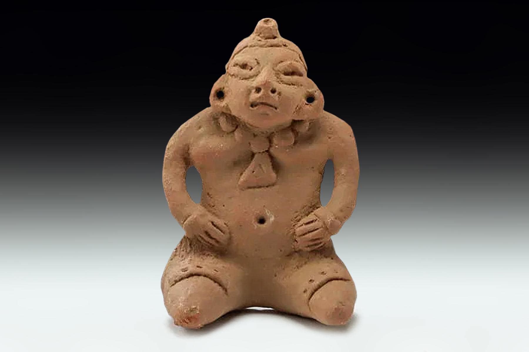 Pre Columbian Mexico. Ancient Proto-Maya Yucatec Ceramic Figure, Circa 300 BCE, Female Statuette In A Seated Pose, Antiquities