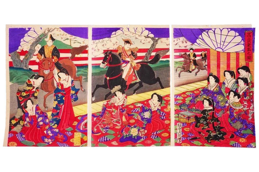 Chikanobu Yoshu, Nishiki-e Japanese Meiji Era Military Artwork Illustration Triptych, Asian Oriental Art Ukiyoe Prints