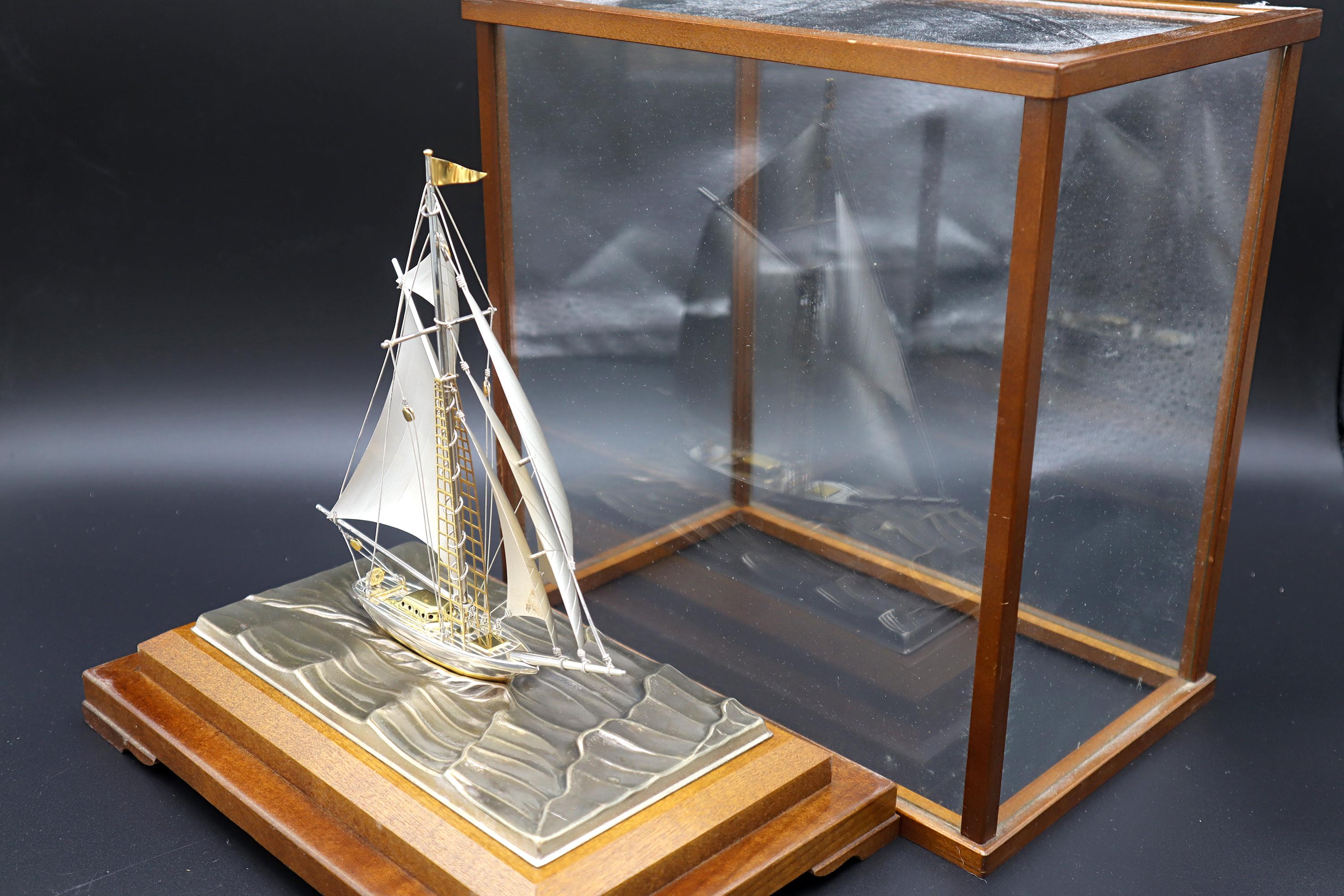 Handmade And Finely Detailed Sterling 960 Silver Model Of A Sailing Ship, Sports Boat Sculpture By Japanese Artist Silversmith Seki Takehiko