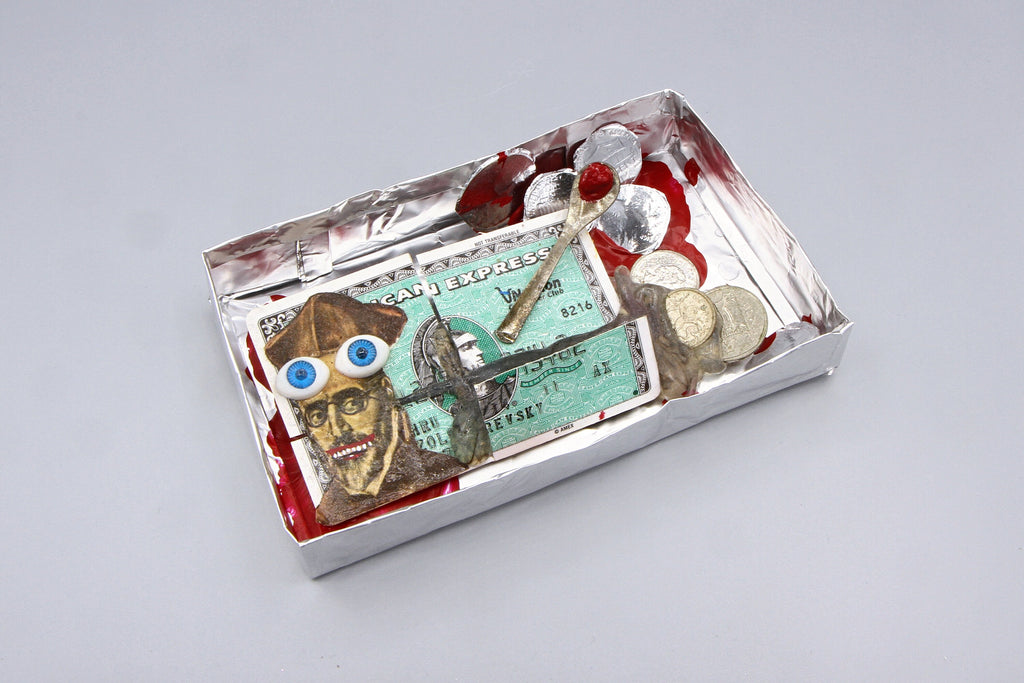 The Hidden Crimes of Mister Archbishop, Diorama Box FIgurine, Mixed Media Art Object, Punk Religious Art, Recycled Trash, Money Silver Coins