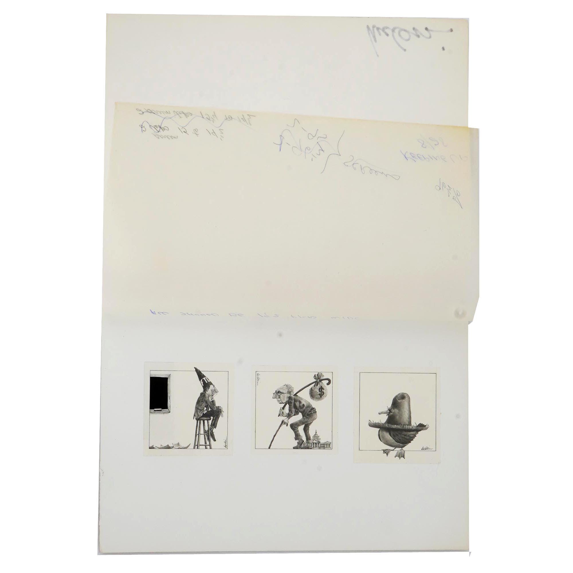 J Michael McGinn, Art Pencil Drawings 1970s, USA Political Caricature, Fortune Magazine, Sheldon Cotler for the Keeping Up, Small Vignettes