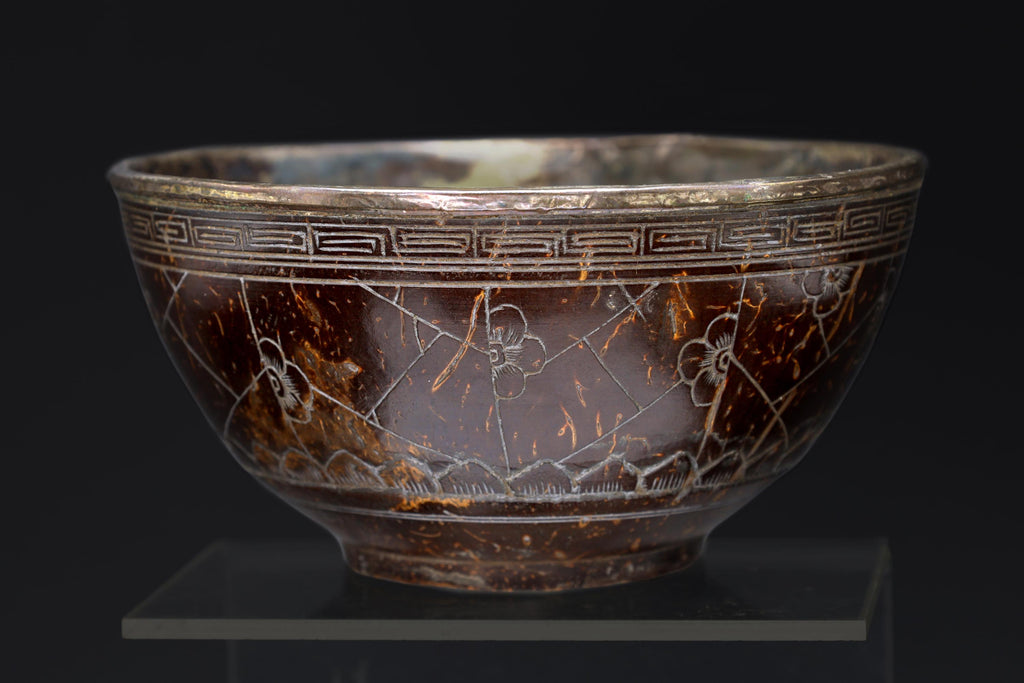 Qing Dynasty Libation Bowl, A 19th Century Chinese Carved Coconut Shell And Silvered Lined Bowl Cup, Circa 1890s East Asia Collectibles