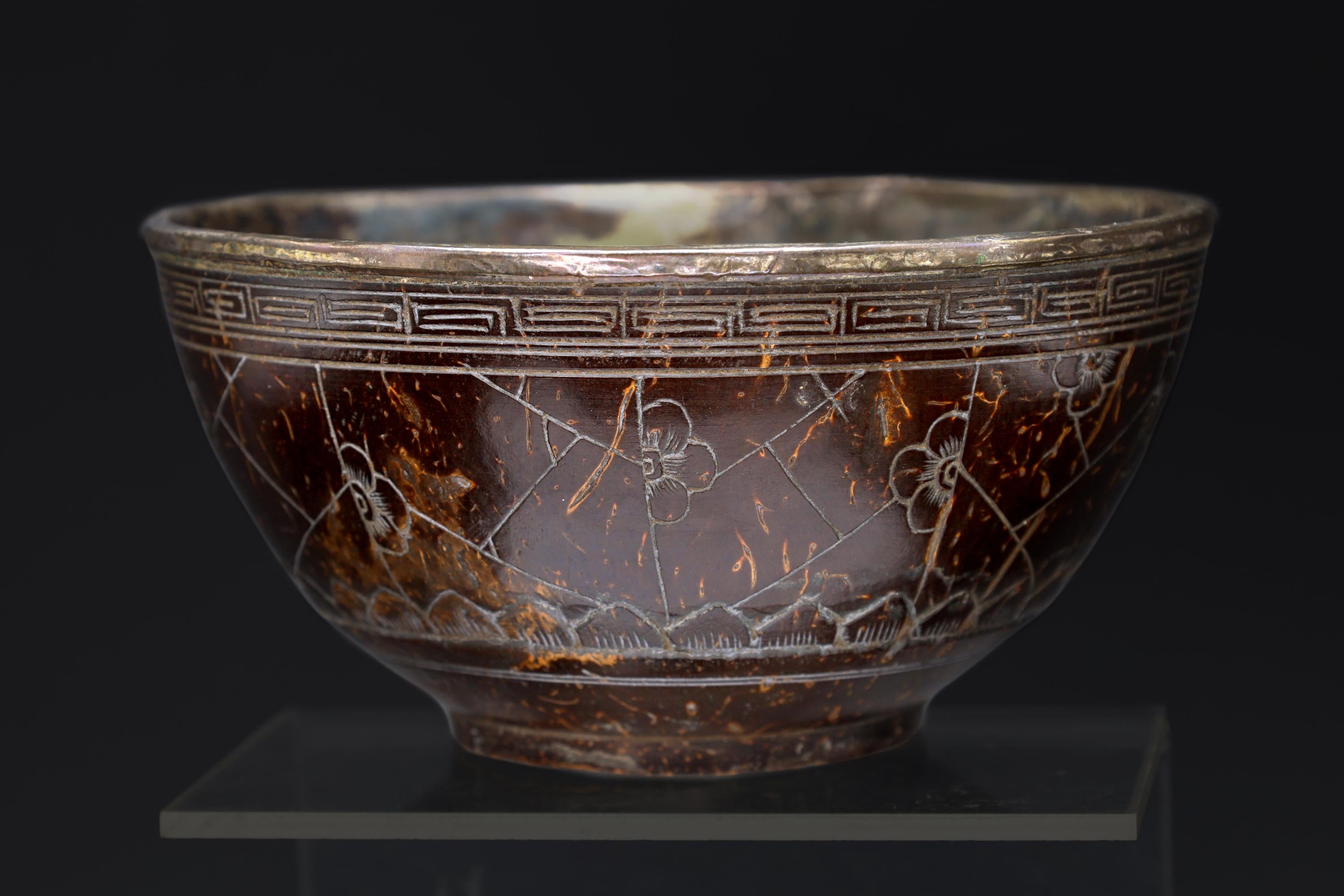 Qing Dynasty Libation Bowl, A 19th Century Chinese Carved Coconut Shell And Silvered Lined Bowl Cup, Circa 1890s East Asia Collectibles