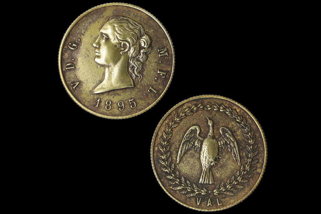 Antique Gay Maverick Val, Victorian Period Tokens Made Out Solid Brass Bronze Metal. Circulated Coin Exonumia, M. F. L. 1895 V. D. G.