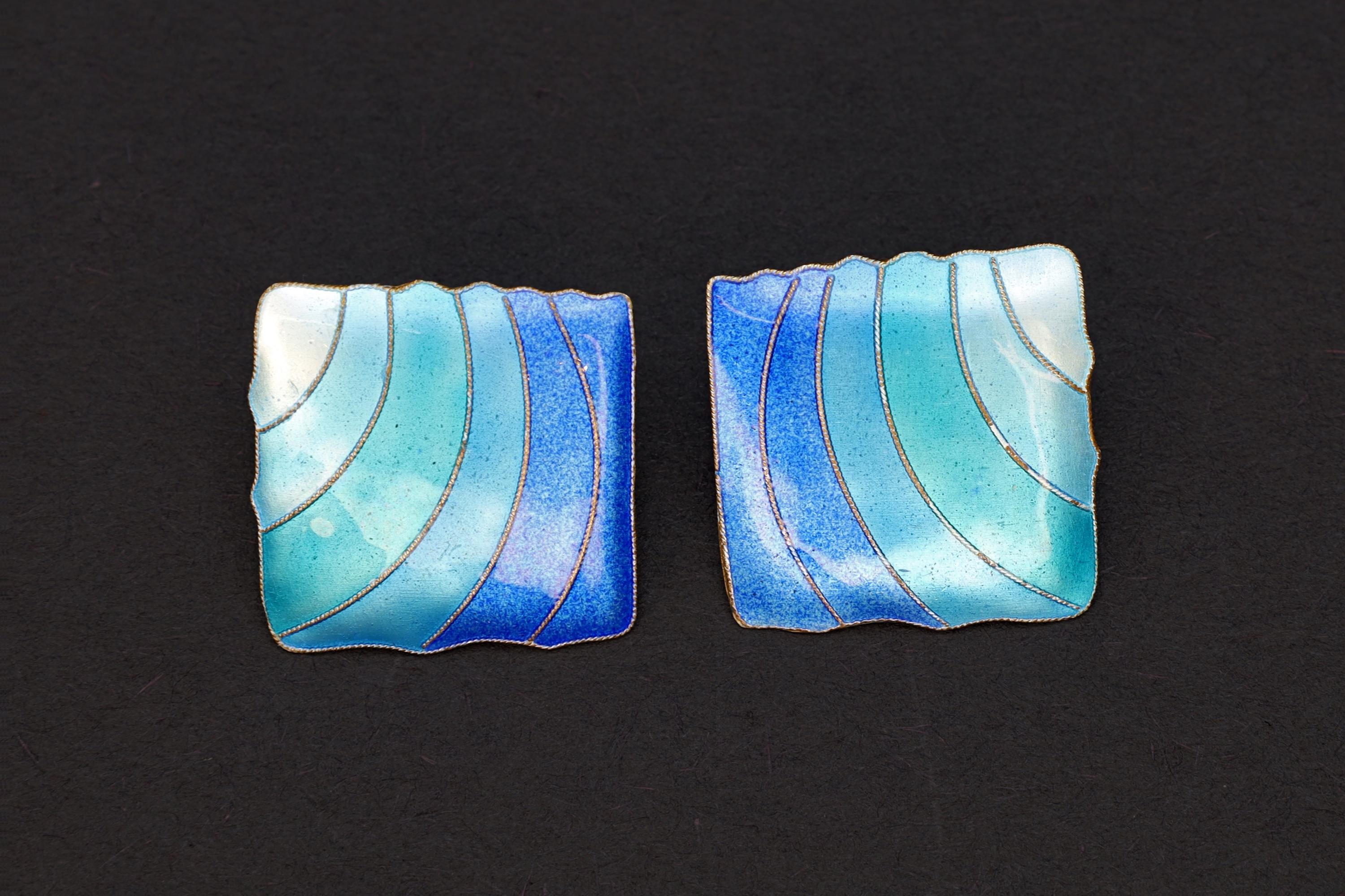 Sea Water Blue Enamel And Gold Gilt Sterling Silver Earrings, Large Square Studs, Vintage 1980s Womens Jewelry, Retro Fashion Accessories