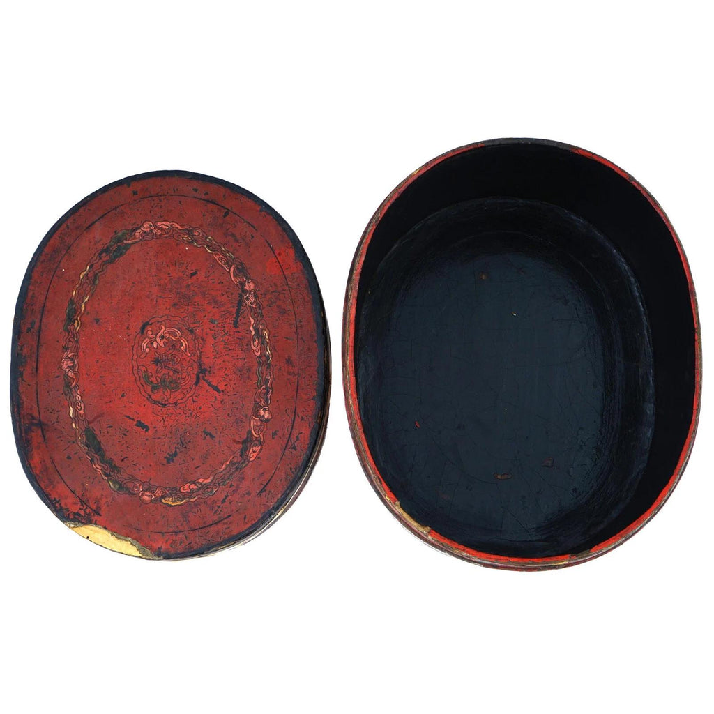 Antique Chinese Red Lacquer Lidded Hat Box, Large Size, Late Qing Dynasty 1890s Storage Case With Lid On Top, Dry Food Nuts Container