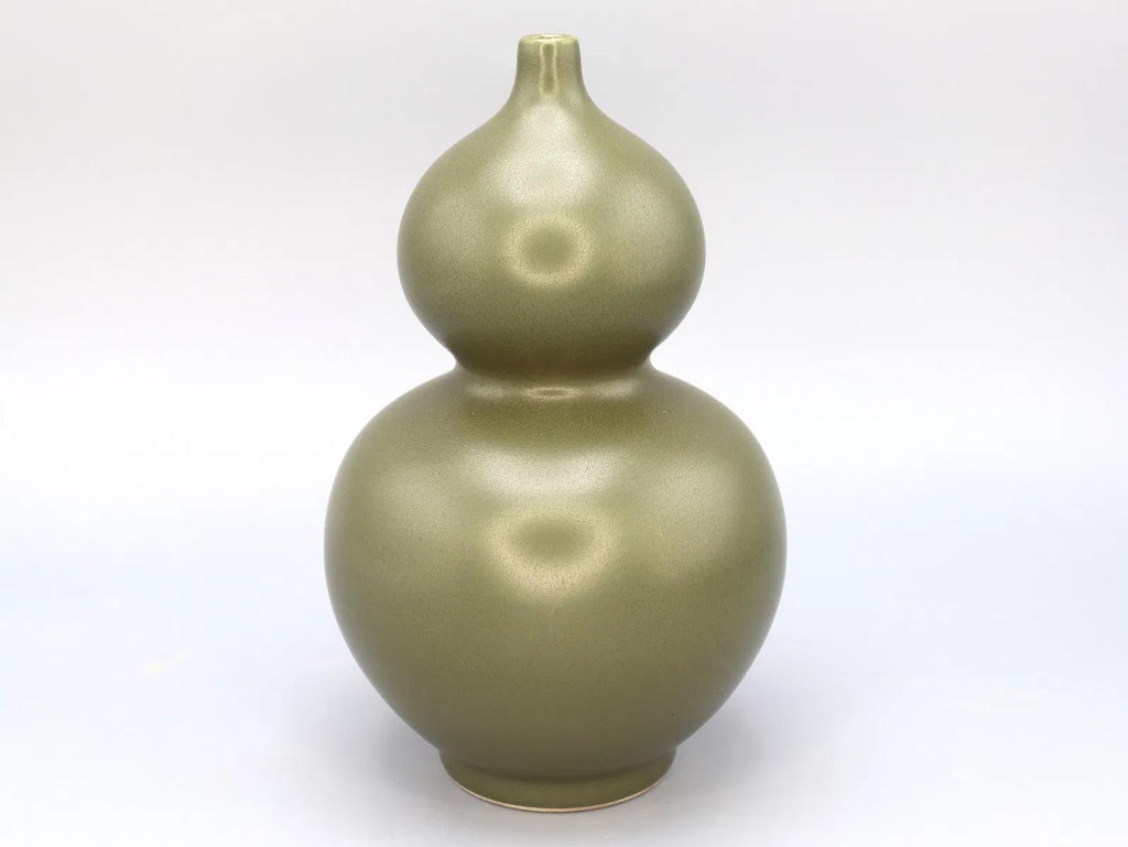 Fine Dark Olive Glazed Ceramic Vase In Gourd Shape, Late Qing Dynasty Or Republic, Semi Porcelain Vessel, Asian Oriental Home Decoration