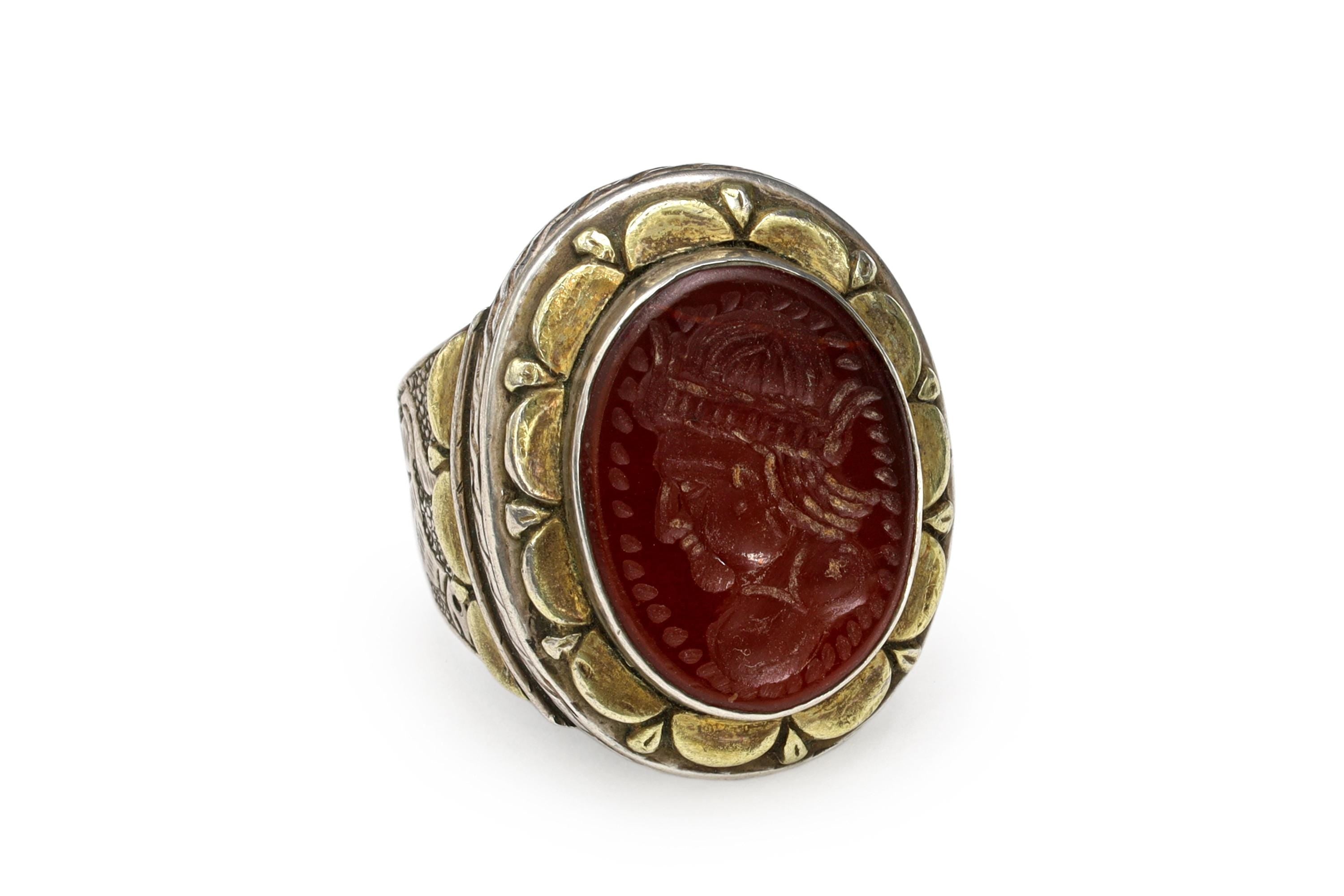 Carnelian Intaglio Cameo, Silver And Gold Ring Size 10, Mens Jewelry From The Middle East Around Late 19th Century, Folk Antiques Art