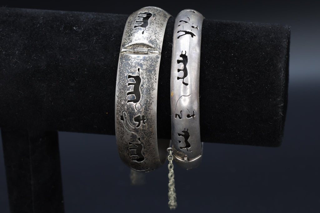 Taxco Mexico, FarFan FF And LCJ Bracelets, A Pair Of Sterling Silver Bangle With Matador Motifs, Bull Fighting, Modernist Jewlery, Art Deco