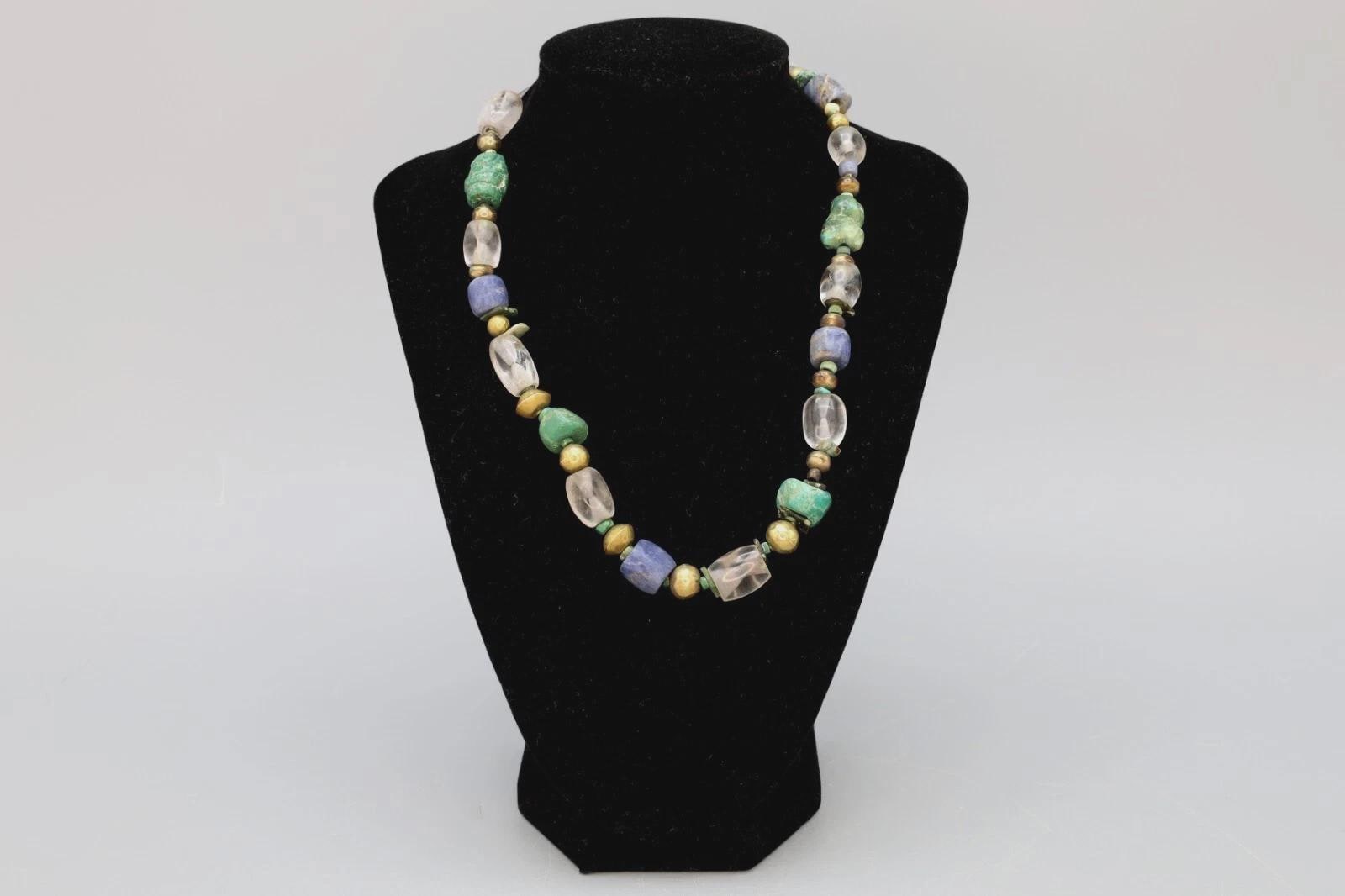 Ancient Pre-Columbian Gemstone Beads Collection, 14th Century AD Inca Aymara Beaded Necklace With Gold Ball Spacers, Antiquities And Jewelry