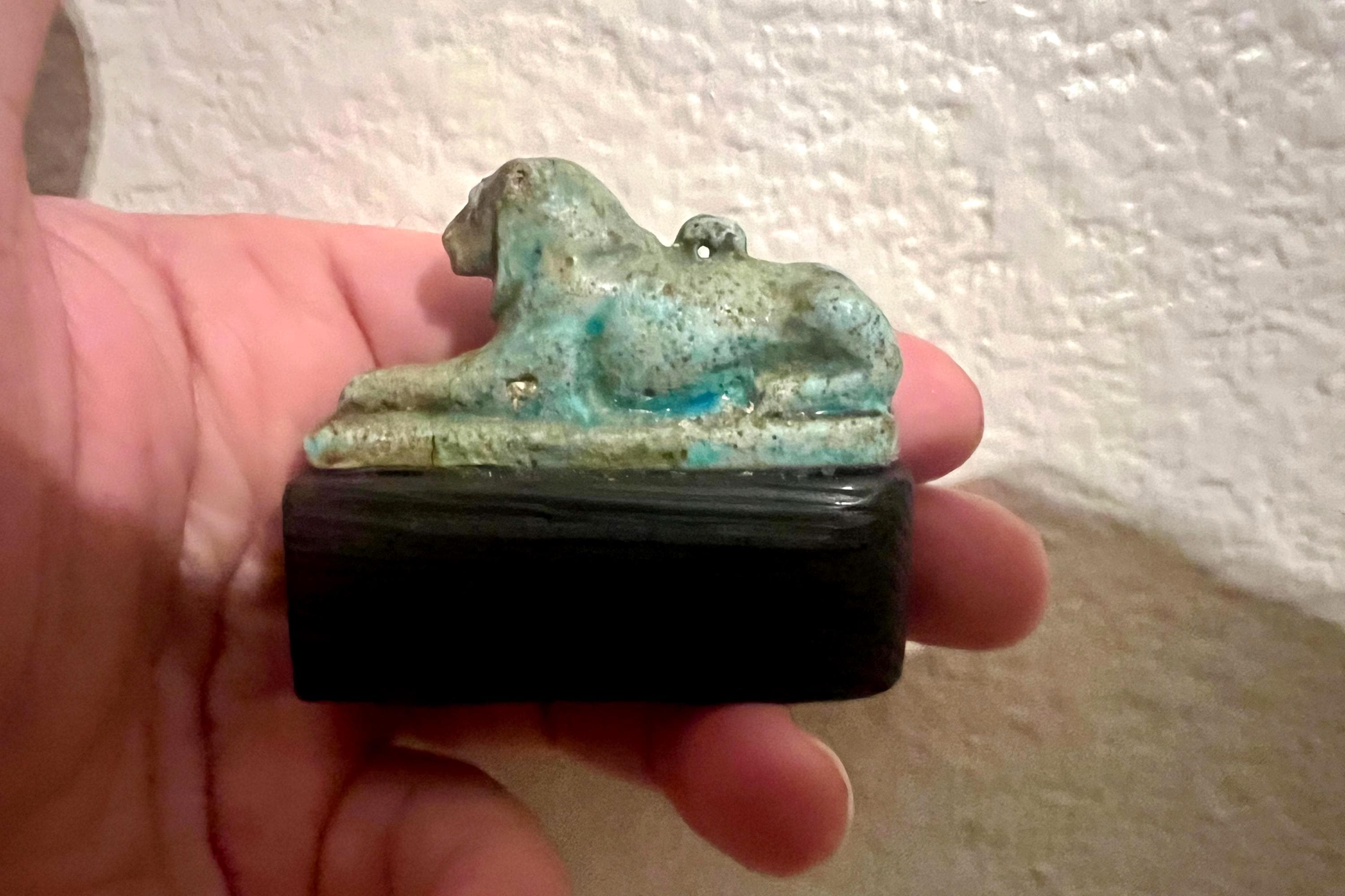 Extremely RARE, Ancient Egyptian Faience Amulet Of A Recumbent Lion Maahes, Late Dynastic Period, Circa 332 BCE. Lying As A Sphinx On Plinth