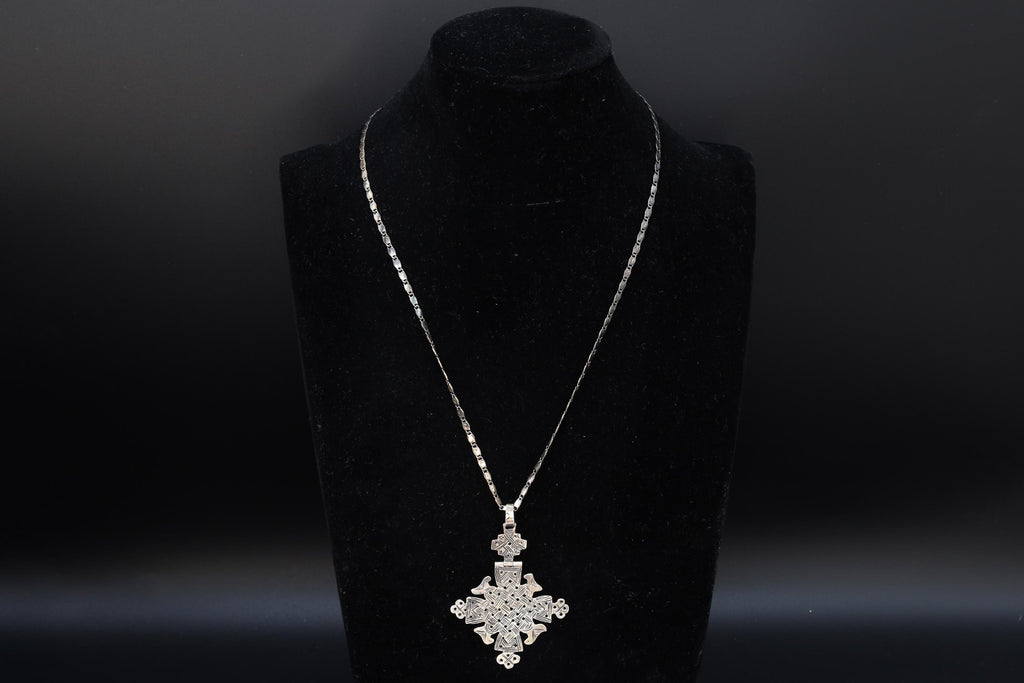 Christian Coptic Cross Pendant Necklace, 800 Silver Cross Egypt Hallmarks, Oxidized 925 Sterling Silver Snail Chain, Vintage African Jewelry