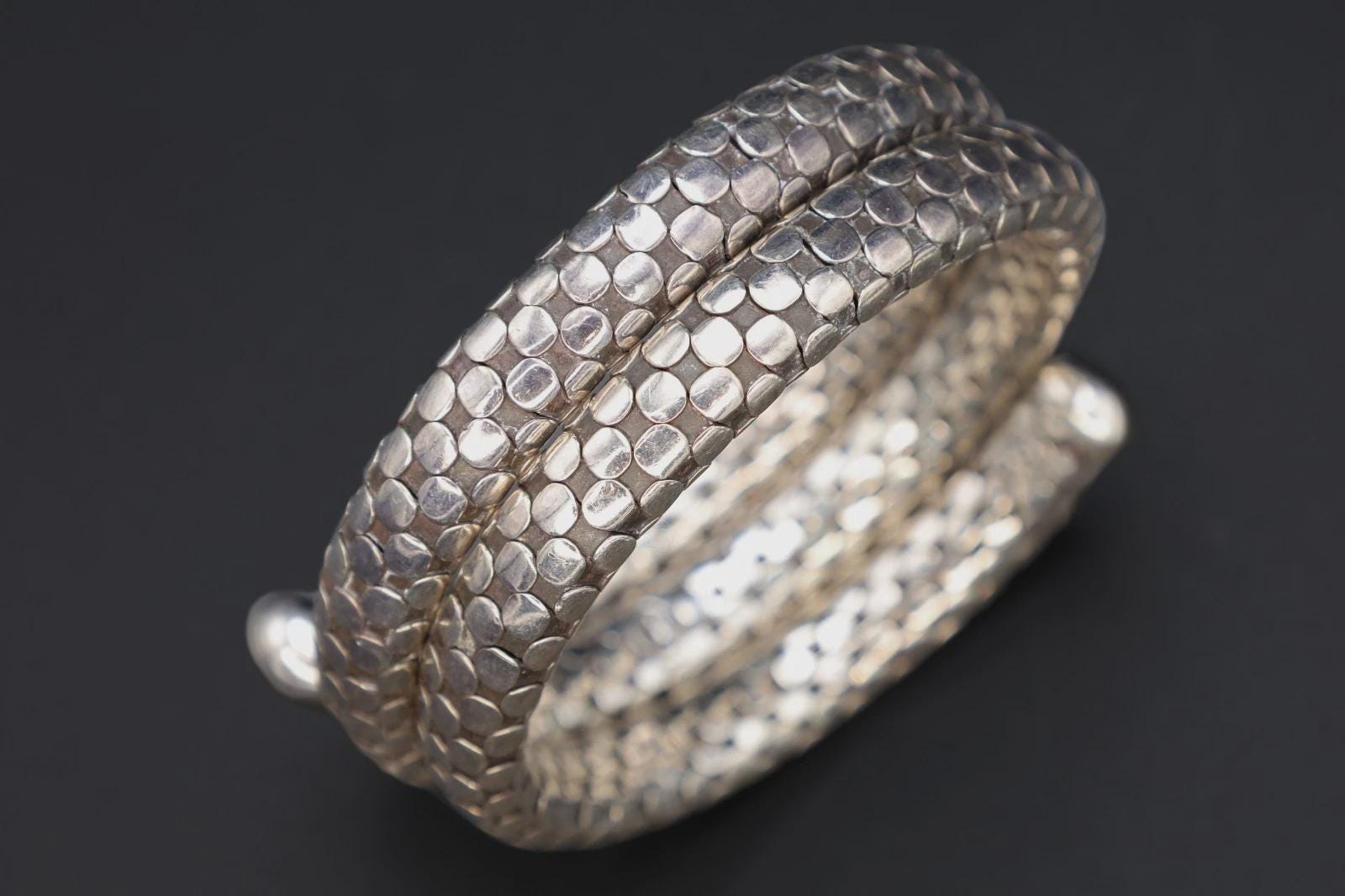 Cleopatra Snake Cuff By Fashion Designer John Hardy, 925 Silver Coiled Polka Dot Cable Bracelet, Vintage Retired Model