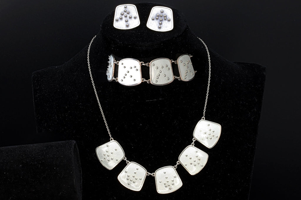 Karl Rasmussen Norway, Vintage Modernist Jewelry Set, White Enamel And 925 Sterling Silver Panel Links, Norway Scandinavian Fashion