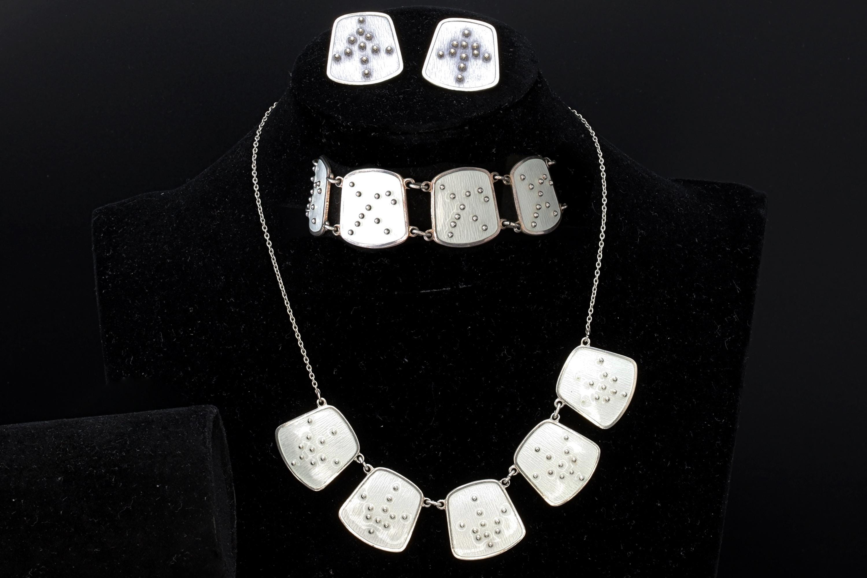 Karl Rasmussen Norway, Vintage Modernist Jewelry Set, White Enamel And 925 Sterling Silver Panel Links, Norway Scandinavian Fashion