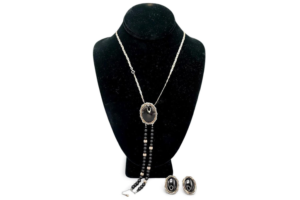 Southwestern Americana Sterling And Onyx Jewelry Set by Regina 1980s Vintage Fashion Accessories, Hand Signed